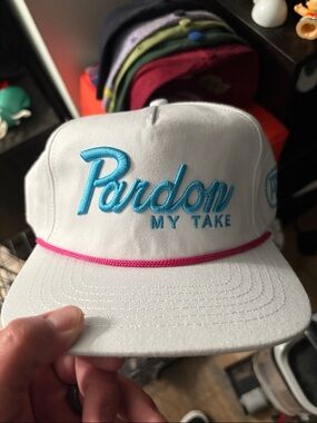 Pardon My Take White Snapback Hat with Blue Logo and Pink Rope